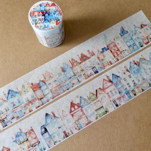 Row Houses Wide Washi Tape, Neighborhood Village Town Scrapbook Planner Journal Vellum Tape, Illustrated House Masking Tape