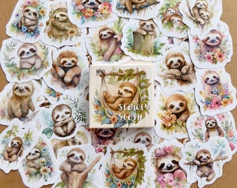 46 Sloth & Flower Illustrated Stickers, Watercolor Stickers, Cute Sloth Lover Gift