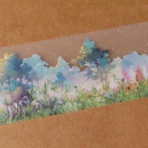Forest Washi Glitter Tape, Illustrated Scene Wide 50 mm Matte PET Tape, Wildflower & Woodland Packaging Masking Tape