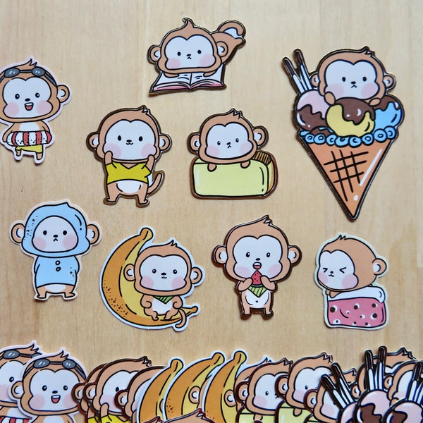 Nekoni Monkey Stickers, Kawaii Monkey Stickers, Planner Journal Scrapbooking Stickers, Monkey Lover Gift, Goudfolie Monkey Briefpapier
