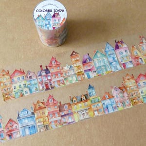 Color Row House Village Washi Tape, Illustrated Neighborhood Town Wide 45 mm PET Washi, Row Houses Stationery Gift
