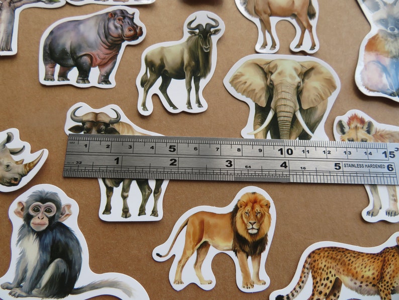 May include: Animal stickers featuring a hippo, wildebeest, elephant, lion, and cheetah. A ruler shows measurements up to 15 cm. The stickers are on a brown surface.