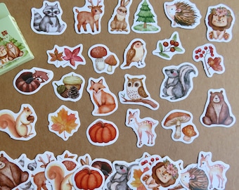 46 Woodland Animal Stickers, Planner Journal Stickers, Autumn Theme Stickers, Nature Tree Leaf Deco Seals, Hedgehog Bear Fox Stickers