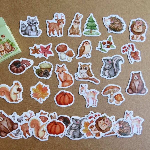 46 Woodland Animal Stickers, Planner Journal Stickers, Autumn Theme Stickers, Nature Tree Leaf Deco Seals, Hedgehog Bear Fox Stickers