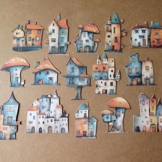 Fairy Tale Cottage Stickers, Rigid Paper Card Stock Dimensional Stickers, Whimsical Illustrated Village Stationery