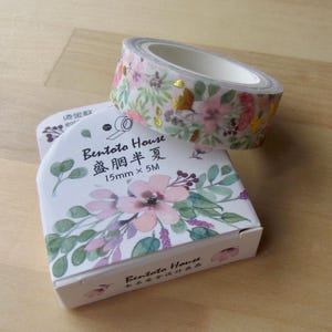 Spring Flowers Washi Tape,  Floral Botanical Nature Gold Foil Washi Tape, Garden Flower Japanese Washi Tape, Pink Flower Planner Washi Tape