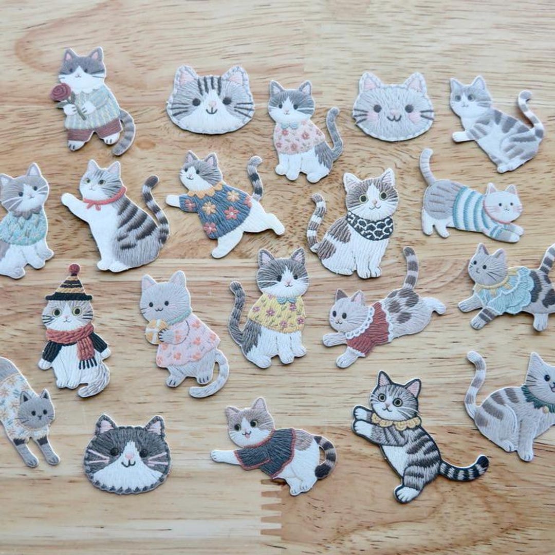 Cat Shape Sticker 20 Cat Stickers, Faux Embroidery Illustrated Kitty Kitten Feline ...
