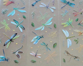 SET Dragonfly Insect & Leaf Stickers, Dragonfly Theme Gold Foil Stickers Stationery, Dragonfly Lover Gift