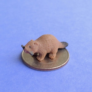 Könnte beinhalten: Eine kleine, braune Kunststoff-Biberfigur mit einem grauen Gegenstand im Maul, die auf einer Münze steht. Der Biber hat einen schwarzen Schwanz und steht vor einem hellblauen Hintergrund.