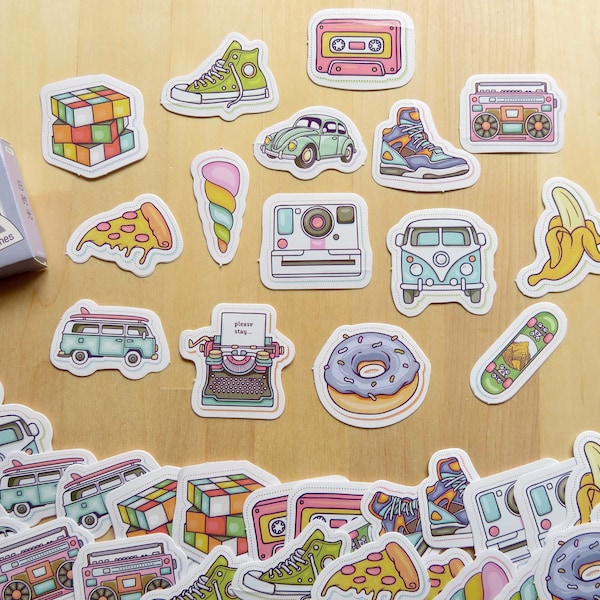 Retro Pop Culture Stickers, Kawaii Food Boom Box Mix Tape Camera Stickers, Planner Journal Scrapbook Diary Seals, 1980s 1990s Theme