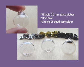 20 mm Glass Terrarium Globe & Looped Bead Cap SET, Hollow Clear Vial Pendants, Fillable Glass Beads One Hole, Fillable Hollow Glass Balls