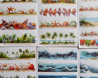 SET Watercolor Ocean & Beach Vellum Sticker Sheets, Tropical Sea Scene Season Stickers, Shell Stationery