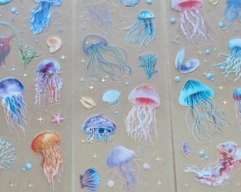 SET Ocean Jellyfish & Shell Stickers, Marine Theme Gold Foil Stickers, Sea Animal Scuba Snorkeling Stationery, Ocean Lover Stickers