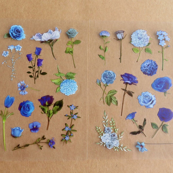 Blue Flower Sticker Set, Floral Journal Scrapbook Wildflower Sticker Sheets, Garden Lover Nature Stationery Stickers