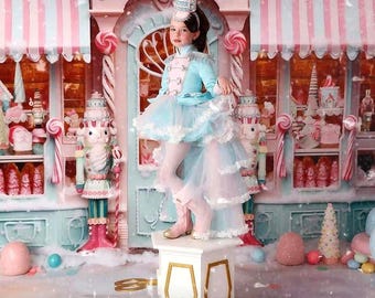 Sugar Nutcracker Dress for Girls with Removable Train, Pastel Blue & Pink Mikado Toy Soldier Gown, Christmas Photoshoot