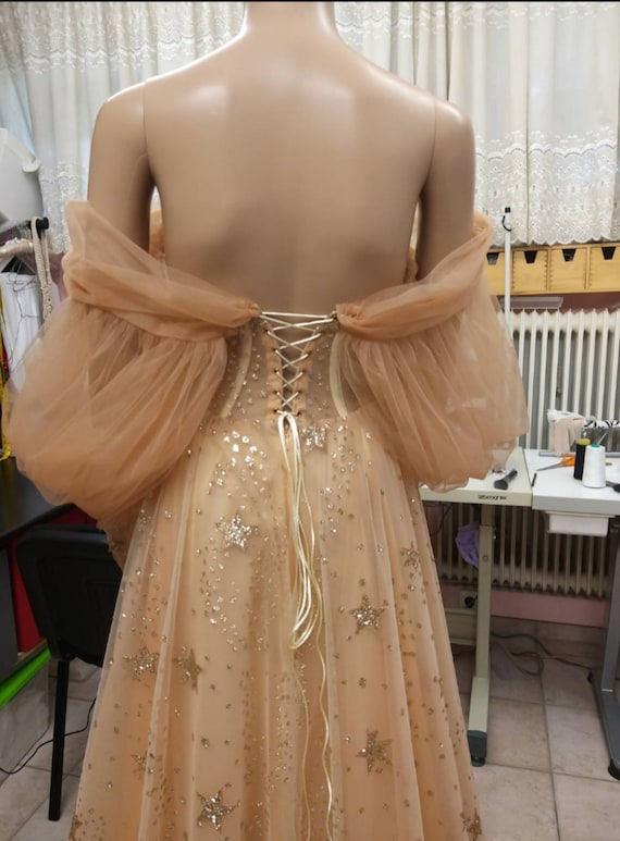 gold star prom dress Champagne A line tulle long prom dress tulle Star long formal evening