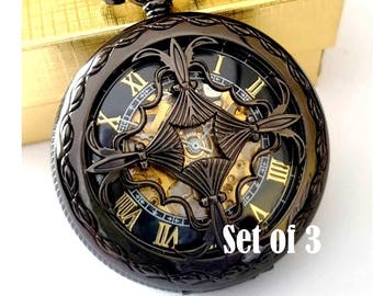 Black Pocket Watch Wedding Set of 3 Engraved Groomsmen Gift Pocket Watches with Chains Celtic Love Knot Groomsman Present Best Man Usher