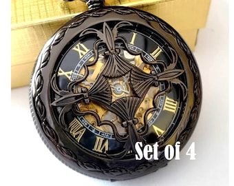 Black Pocket Watch Set of 4 Groomsmen Gift Engraved Pocket Watches with Chains Wedding Father of the Bride Groom Best Man Usher Groomsman