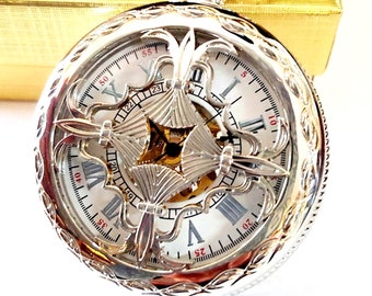 Silver Pocket Watch with Chain Roman Numerals Engraved Groomsmen Gift Personalized Wedding Pocketwatch Godfather Father's Day Graduation