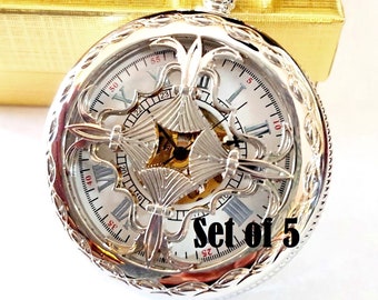 Silver Pocket Watch with Chain Set of 5 Roman Numerals Engraved Groomsmen Gift Personalized Groomsman Wedding Pocketwatch Godfather