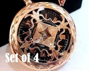 Pocket Watch Set of 4 Rose Gold Tone Personalized Engraved Groomsman Gift Wedding Keepsake Includes Chains Free Shipping