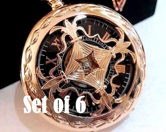 Pocket Watch Set of 6 Rose Gold Tone Personalized Engraved Groomsman Gift Wedding Keepsake Includes Chains Free Shipping