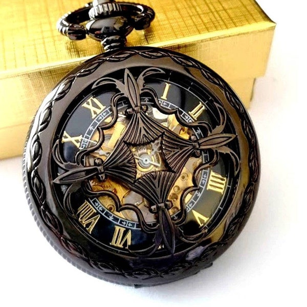 Black Pocket Watch with Chain Personalized Groomsmen Gift Wedding Fathers Day Christmas Godfather Birthday Celtic Knot PocketWatchPurveyor