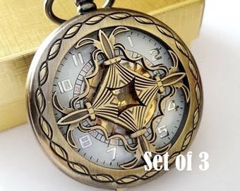 Gold Pocket Watch Set of 3 Groomsmen Gift Engraved Celtic Knot Personalized Wedding Pocket Watches with Chains Groomsman Gift Free Shipping