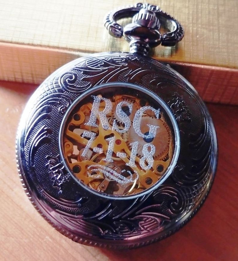 Black Pocket Watch with Chain Personalized Groomsmen Gift Wedding Fathers Day Christmas Godfather Birthday Celtic Knot PocketWatchPurveyor image 9