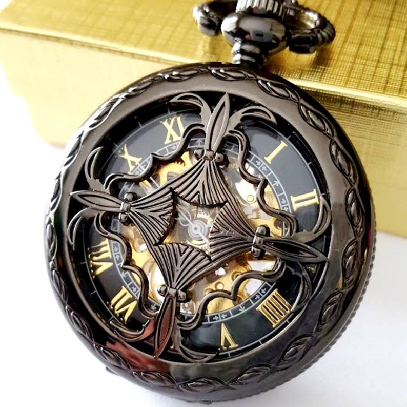 Black Pocket Watch with Chain Personalized Groomsmen Gift Wedding Fathers Day Christmas Godfather Birthday Celtic Knot PocketWatchPurveyor image 3