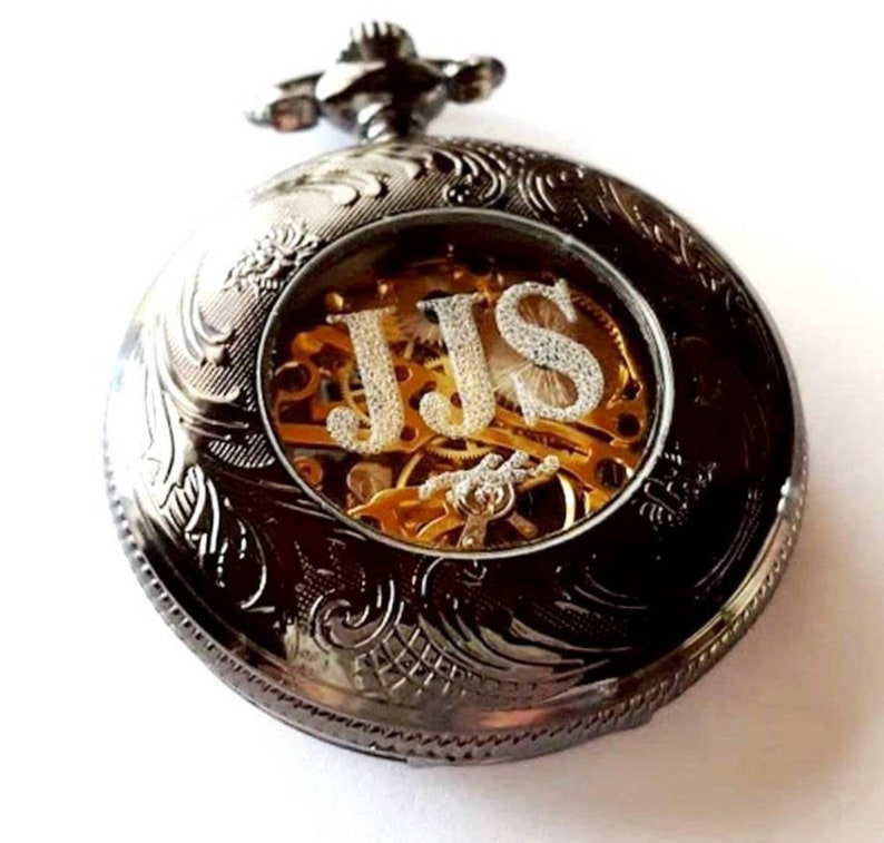 Silver Pocket Watch with Chain Set of 5 Roman Numerals Engraved Groomsmen Gift Personalized Groomsman Wedding Pocketwatch Godfather image 5