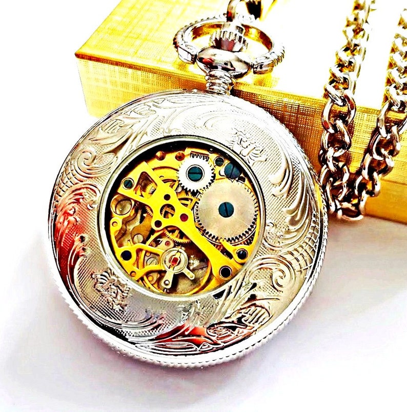 Silver Pocket Watch with Chain Set of 5 Roman Numerals Engraved Groomsmen Gift Personalized Groomsman Wedding Pocketwatch Godfather image 3