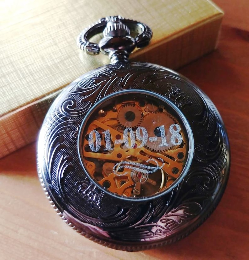 Black Pocket Watch with Chain Personalized Groomsmen Gift Wedding Fathers Day Christmas Godfather Birthday Celtic Knot PocketWatchPurveyor image 8