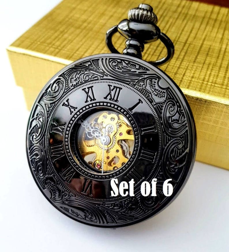 Black Pocket Watch Set of 6 Personalized Groomsmen Gift Etsy