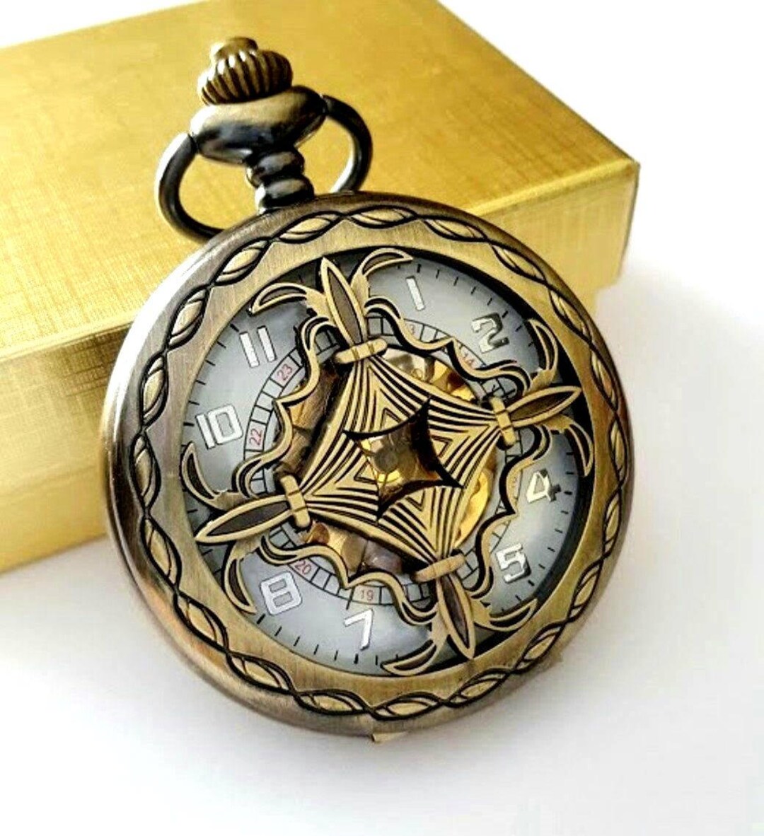 Gold Tone Pocket Watch With Chain Personalized Gift for Him Birthday