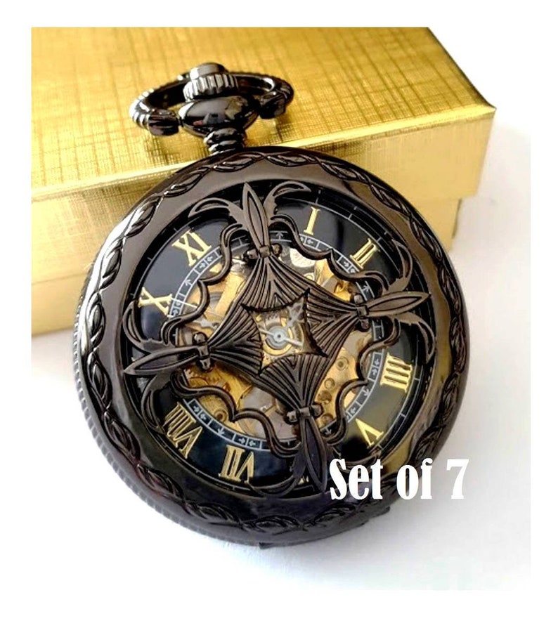 Black Pocket Watch Set of 7 Personalized Groomsmen Gifts Etsy