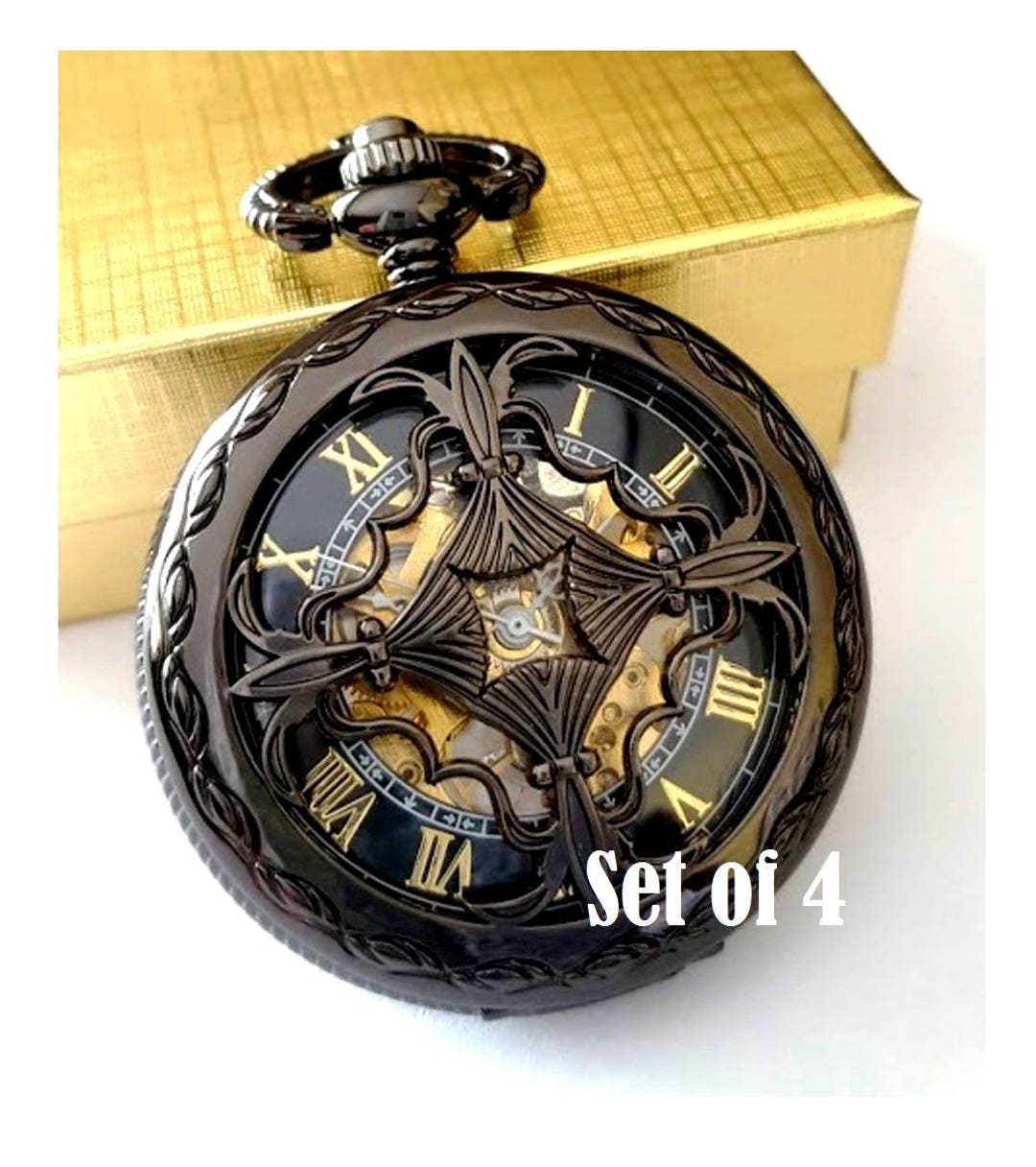 Black Pocket Watch Set of 4 Groomsmen Gift Engraved Pocket Watches With