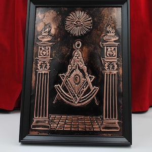 Masonic Copper Wall Art – Square & Compass, Eye in Triangle, Pillars | Freemasonry Symbol Gift | Framed Esoteric Decor