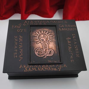 Op de afbeelding: Een zwarte houten kist met koperkleurige reliëfdetails. De kist heeft een centraal rechthoekig paneel met een koperen slangontwerp omcirkeld door een zonnestraal. De kist is versierd met geëtste tekst rond de randen.