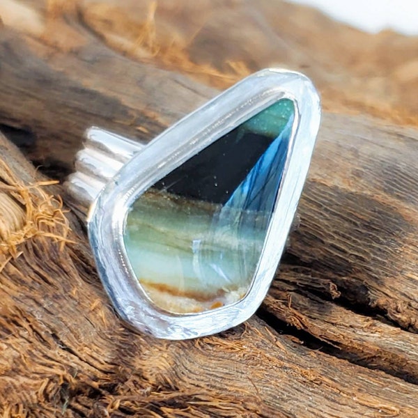 Handcrafted Opalized Wood Sterling Silver Statement Ring Size 8