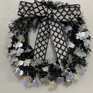 Handmade Halloween Garland Wreath, Black and Silver Decor, Spooky Home Decoration