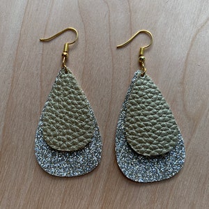 Handmade Silver Glitter and Gold Faux Leather Earrings, Sparkling Dangle Jewelry, Unique Gift for Her