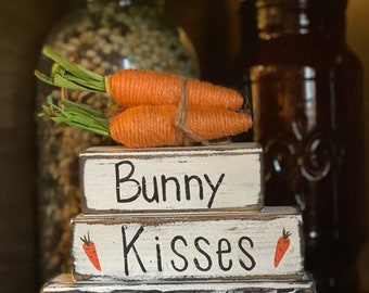 Hand Painted Distressed Bunny Kisses Easter Wishes with or without Carrot Bunch 3 piece Tiered Tray Bookshelf Shelf Sitter Wood Block Set