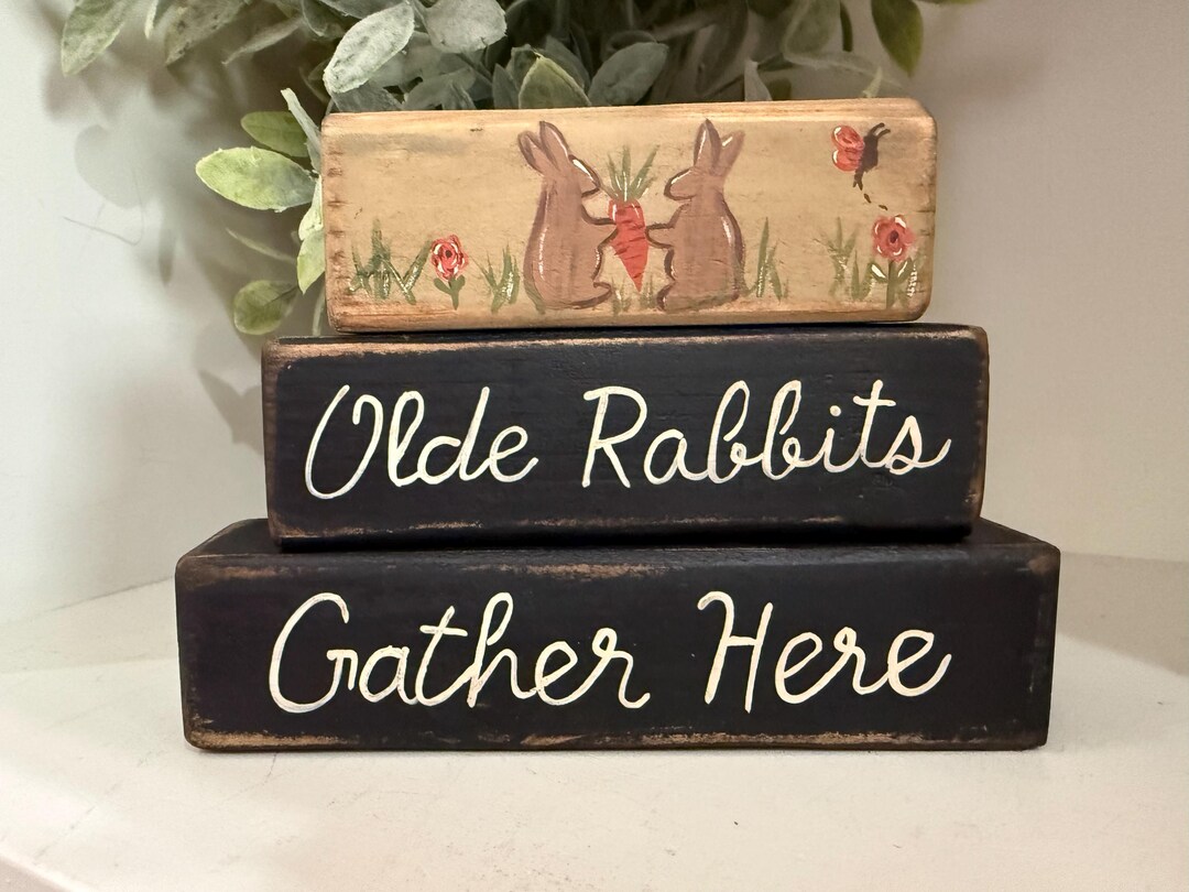Block Rabbits Wood Spring Tiered Tray Decor Wood Block Set | Distressed Bunnies With ...