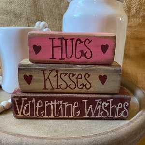 Valentine Tiered Tray Decor Wood Block Set | Hand Painted Distressed “Hugs Kisses Valentine Wishes” Shelf Sitter | Primitive Farmhouse Decor