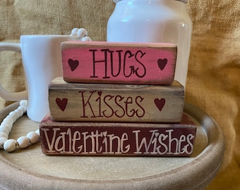 Hand Painted Distressed Hugs Kisses Valentine Wishes Tiered Tray Shelf Sitter Wood Block Set