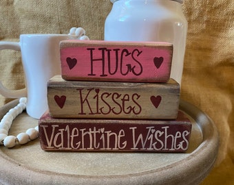 Valentine Tiered Tray Decor Wood Block Set | Hand Painted Distressed “Hugs Kisses Valentine Wishes” Shelf Sitter | Primitive Farmhouse Decor