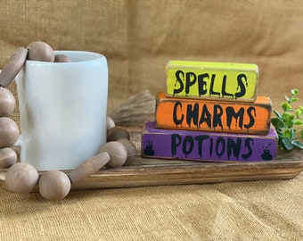 Primitive Country Rustic Hand Painted Halloween Spells Charms Potions 3pc Tiered Tray Shelf Sitter Wood Block Set