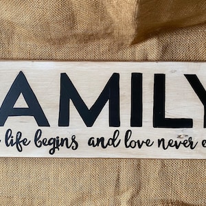 Hand painted Distressed Farmhouse Primitive FAMILY Where Life Begins and Love Never Ends 6&quot; x 18&quot; x 3/4&quot; Wood Sign Shelf Sitter