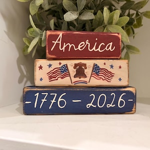 America 1776 - 2026 Patriotic Wood Block Set | American Flag| Hand Painted Distressed Tiered Tray Americana Decor | Rustic Decor